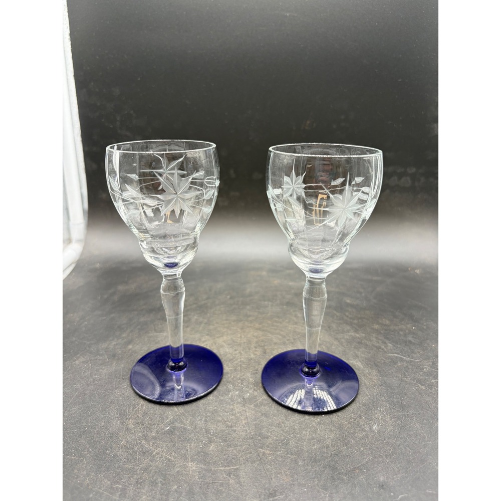 Vintage Etched Starburst Wheat Cordial Glasses Cobalt Blue Base Set of 2